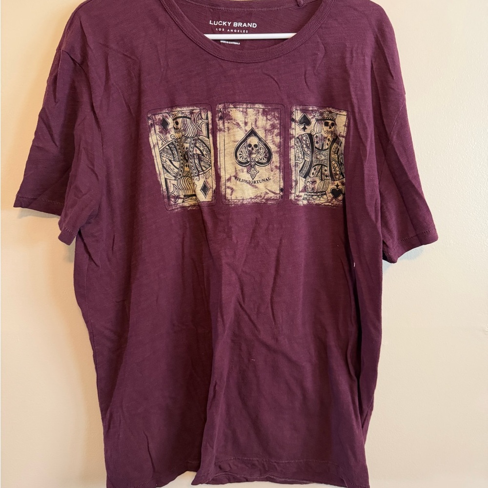 Lucky Brand Men's Burgundy Graphic Tee with Playing Card Skull Design